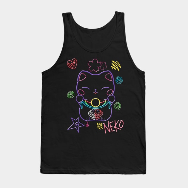 Neon Neko (1) - Cute neon light Japanese beckoning cats to bring you good luck Tank Top by SamInJapan